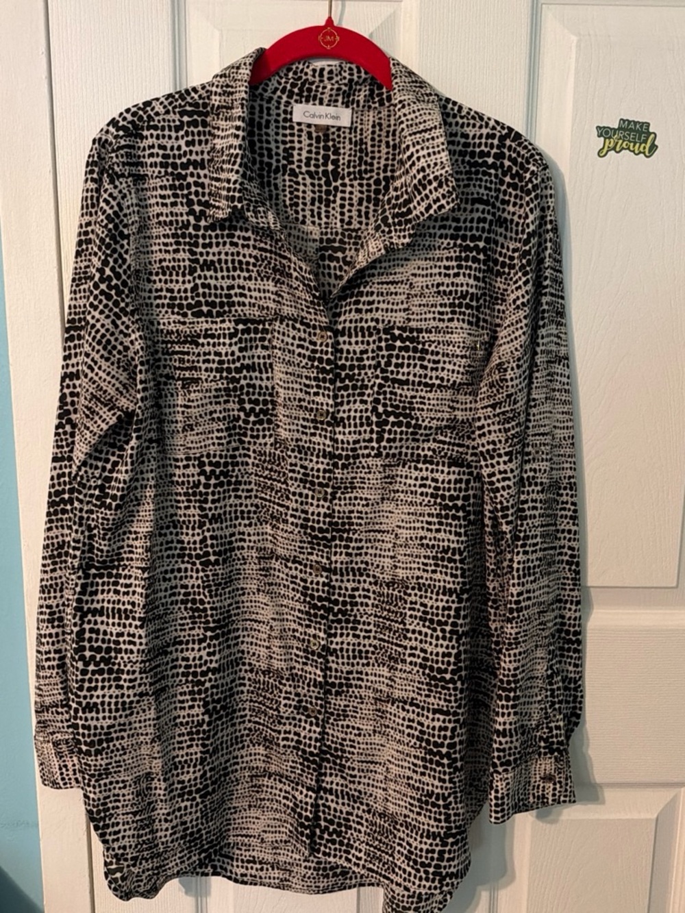Calvin Klein Black & White Textured Dot-Grid Button-Down Shirt